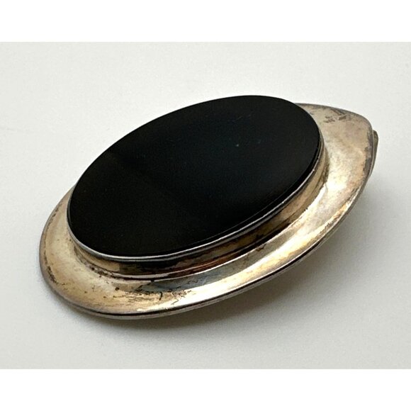 Vintage Taxco Mexico Sterling Silver Obsidian Oval Pendant Brooch Combo Signed - Picture 8 of 9